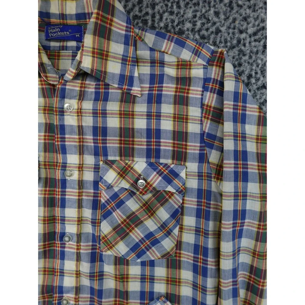 Vintage JCPenney Plain Pockets Button Down Mens Medium‎ Multi Plaid 70s 80s